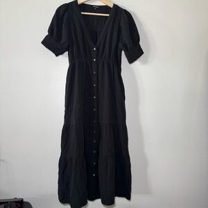 Madewell Lightspun Button-Front Tiered Midi Dress in True Black Size 00 Bohemian